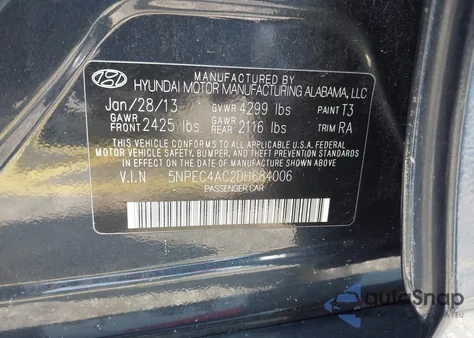 2013 Hyundai Sonata Se from USA, damaged, VIN 5NPEC4AC2DH684006